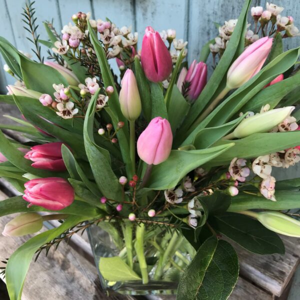 Pink Shade Tulips in a Glass Vase