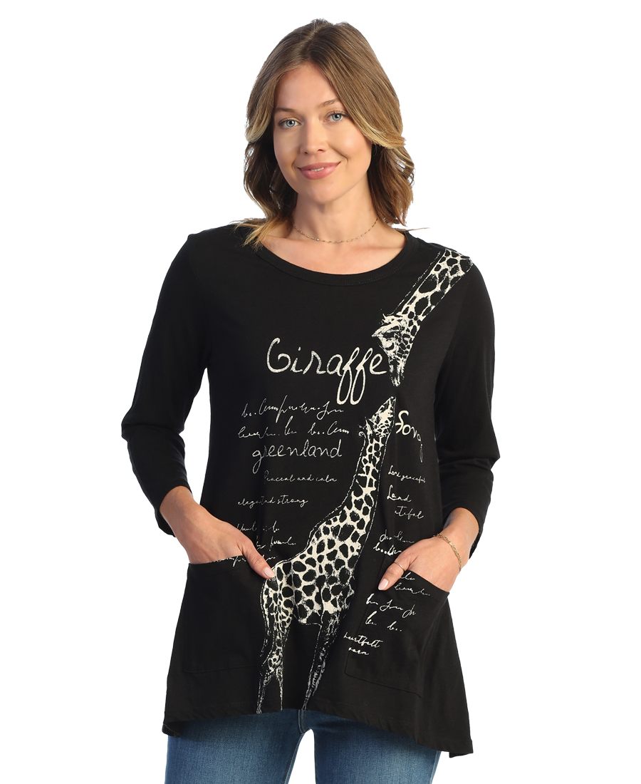 A Woman Wearing a Long Black Top With Two Pockets