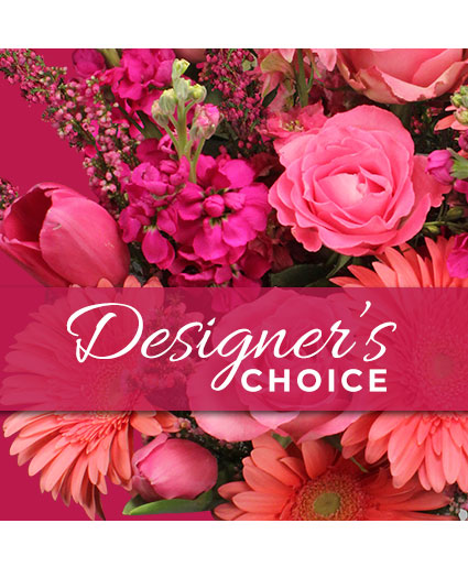 A bunch of pink flowers with the words " designer 's choice ".