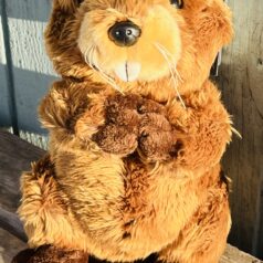 Brown plush beaver sitting on wood.