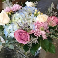 Pastel roses, hydrangeas, and mums bouquet.
