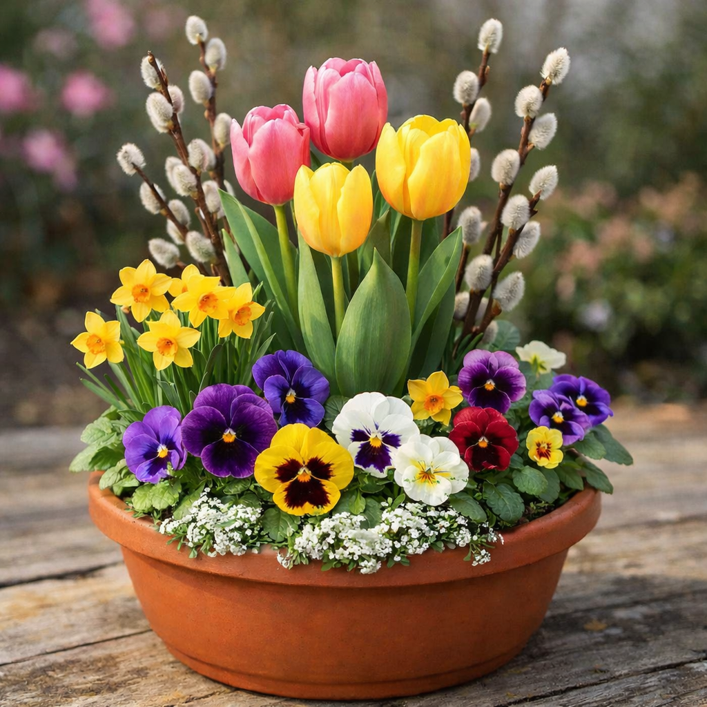 Colorful flowers in a terracotta pot.