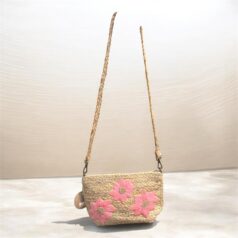 Pink floral cross body jute summer bag with zip closure